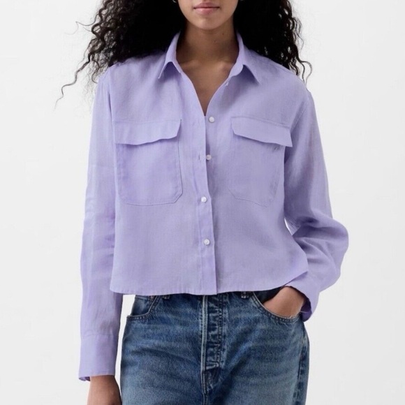 GAP Tops - GAP Purple Lavender Oversized 100% Linen Cropped Button Down Large Y2K Oversized